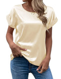 Zjkrl  -  holiday outfits Elegant Women's Blouse Solid Tees Summer Lady Short Sleeve Satin Shirt Loose Casual Round Neck T-shirt Tops S-XXL