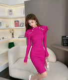 Zjkrl  -  Autumn Winter Office Pencil Knitted Dress Women Bottoming Sheath Dresses Fashionable Metal Buckle Bodycon Vestidos