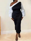 ZJKRL -  Women Sexy Spring Dresses with White Diagonal Collar Slim Fit Dress Long Sleeves Black Elegant Dress with Slit