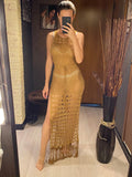 Zjkrl  -  holiday outfits S- XL Fringe Tassel Side Slit Knitted Crochet Dress Hollow Out Boho Maxi Long Dress Beach Cover-ups Beach Dress Beachwear DV3802