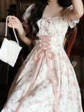 2024 Summer Lace Korean Fairy Dress Women Square Collar Princess Kawaii Floral Midi Dress Female Bandage Sweet Dresses Fashion