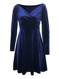 Zjkrl - Elegant Velvet V Neck Plain A Line Flare Dress Long Sleeve Surplice Neck Nipped Waist Medium Stretch Mini Wrap Skirt