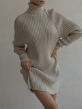 Zjkrl - Autumn Knit Loose Turtleneck Maxi Dress Women Ribbed High Waist Fashion Elegant Dress Knitwear Long Sleeve Female Dress