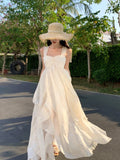 Summer Beige Elegant Embroidered Ruffle Edge Slip Dress Women Temperament Square Collar Backless Pleated Long Sundress Vestidos