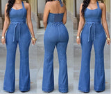 Zjkrl  -  Women One Piece Solid Denim Jumpsuits Sleeveless V Neck Rompers Wide Leg Long Pants Overalls Sexy Slim Fit Hight Waist