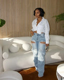 Zjkrl  -  Women Cutout Diamonds Crystal Hollow Out Straight Denim Pants Fall Multi Pocket High Waist Wide Leg Jeans Trousers