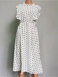 Zjkrl  -  Summer Ladies Elegant Dot Print Chic Dress Women Casual Butterfly Sleeve Ruffles Medium Long Chiffon Dress