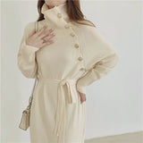 Zjkrl  -  holiday outfits Coffee Chic Woolen Dress Women Turtleneck Winter Golden Button Long Sweater Dresses Autumn Lace-up Soft Knitwear Korean