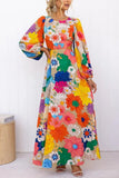 Zjkrl - Dress Women Autumn New Flower Printed Lace Up Hollow Out Sexy O Neck Lantern Sleeve Fashion Casual Ladies Long Dresses MsChuh