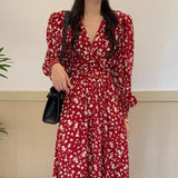 Zjkrl  -  holiday outfits Elegant Autumn Vintage Print Floral Chiffon Dress High Waist Spring A-Line Woman Dresses Party Luxury Long Sleeve Vestido