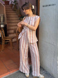 Zjkrl  -  Stripe Top Pant Sets Women Loose O-neck Sleeveless High Waist Lace Up Trousers Outfit Female Summer Fashion Lady Suit
