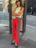 Zjkrl  -  Striped Contrast Color Pants Women Vintage Front Pockets Wide Leg Trousers Female Fashion Office Lady High Waist Y2K Streetwear