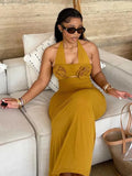 ZJKRL -  Halter Neck Dress for Women Evening Appliques Classy Elegant Gold Dress High Waisted Tights Summer Female Dress Long Sexy