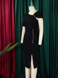 ZJKRL -  High Waisted Dress for Women Summer Short Sleeve Office Dresses for Ladies Solid Color Wear Elegant Long Dresses with Pearls