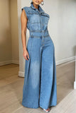 Zjkrl  -  Jumpsuits Women One Piece Denim Jeans Overalls Sleeveless High Waist Turn Down Collar Wide Leg Long Pants Rompers Summer