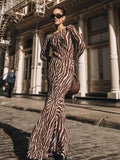 Zjkrl - 2023 Autumn Elegant Zebra Print Maxi Dress For Women Sexy See Through Long Sleeve Bodycon Club Party Dress Spring Casual Dress