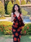 ZJKRL -  Retro High-End Mesh Printed Long Dress For Women'S Summer Sexy V-Neck Slim Fit With Buttocks And Elegant Dress