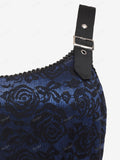 Plus Size Vintage Floral Lace Jacquard Buckled Straps Dress With Belt Deep Blue Fashion Party Holiday Dresses Vestidos