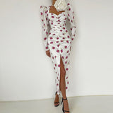Sexy Square Collar Women Elegant Dresses Floral Print Long Sleeve High Waist Fold Slim Ladies Party Dress Spring Autumn Vestidos