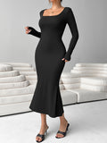 Bodycon Square Neck Mermaid Hem Dress, Elegant Long Sleeve Dress For Spring & Fall, Women's Clothing