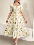 Charming Floral Print Square Neck Aline Dress - Flirty Short Sleeves with Ruffle Trim, Timeless Style for Spring & Summer - Feminine, Elegant Womens Clothing