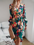 Allover Print Wrap Dress, Elegant V Neck Long Sleeve Dress, Women's Clothing For Elegant Dressing