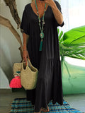 Zjkrl  -  Plus Size V-Neck Ruched Tiered Dress - Flattering & Loose Fit for Spring & Summer - Casual Short Sleeve, Solid Color, Womens Plus Size Fashion