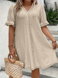 Plus Size Elegant V Neck Tunic Dress - Lace Stitching, Semi-Sheer, Slight Stretch, Solid Color, All-Season, Knit Fabric - Perfect for Spring & Summer, Womens Plus Size Clothing