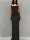 Elegant Solid Color Spaghetti Strap Maxi Mermaid Dress - Soft Micro Elastic Polyester Fabric, Scoop Neck, Bodycon Silhouette, Machine Washable - Comfortable Womens Loungewear for All Seasons