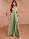 Zjkrl  -  Elegant V-Neck Sleeveless Maxi Dress with Side Slit - Sexy One-Shoulder Design for Weddings & Parties, Polyester, Machine Washable