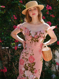 Floral Print Ruffle Trim Off Shoulder Dress, Elegant Stylish Slim Fit Maxi Dress For Spring & Summer, Women's Clothing