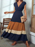 Zjkrl  -  Vibrant Color Block Surplice Neck Maxi Dress - Elegant Sleeveless A-Line Silhouette, Micro Elasticity, Polyester Fabric, Solid Color, Summer Essential - Womens Elegant Clothing for Special Occasions