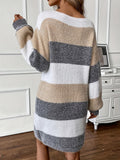 Women's Color Block Fuzzy Knitted Mini Dress - Elegant Drop Shoulder, Lantern Sleeve, Crew Neck, Perfect for Fall & Winter Season