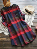 Casual Plaid Print Tunic Dress - Crew Neck, Long Sleeve, Chest Pocket, Cotton Blend, No Elasticity, All-Season Wear for Women