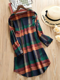 Casual Plaid Print Tunic Dress - Crew Neck, Long Sleeve, Chest Pocket, Cotton Blend, No Elasticity, All-Season Wear for Women