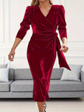 Plus Size Ruched Velvet Dress - Elegant Surplice Neck, Flattering Silhouette, Comfortable Women's Clothing for Special Occasions