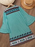 Aztec Print Dress, Ethnic Layered Flared Sleeve V Neck Dress, Women's Clothing