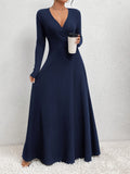 Long Sleeve Elegant Fit and Flare Maxi Dress - Soft Micro Elasticity Polyester Fabric, V-Neck Ribbed Surplice Neck, Machine Washable, Customized Style for Women - Perfect for Spring and Fall Seasons