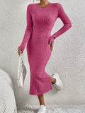 Elegant Long Sleeve Crew Neck Dress - Versatile Ribbed Knit with Split Hem, Perfect for Women in Fall & Winter
