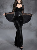 Elegant Gothic Velvet Mermaid Dress: Stretchy Polyester Blend, Low Neck, Semi-Sheer, Machine Washable with Contrast Mesh & Ruffle Sleeves