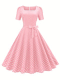 Summer Vintage Chic Polka Dot Dress – Elegant Square Neck, Knee-High with Belt, Breathable Cotton Blend – Easy Care
