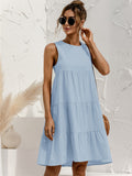 Zjkrl  -  Chic Solid Tiered Keyhole Back Tank Dress - Women's Vacation Sleeveless Crew Neck Loose Fit Dresses for Summer - Comfy Relaxed Style for Beach, Outdoor Activities