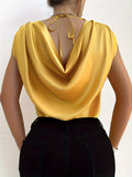 Elegant Micro Elasticity Crew Neck Blouse - Soft Polyester Draped Tie Back Shirt for Spring & Summer - Womens Solid Color Short Sleeve Shirting with Elegant Style