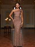 Long One Shoulder Sequin Bodycon Dress - Elegant Sleeveless Mermaid Hem, Contrast Sequin, Micro Elasticity, Hand Wash, Customized, Solid Color, All-Season Party & Banquet Dress for Women