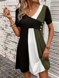 Zjkrl  -  Vibrant Color Block V-Neck Chic Dress - Women's Casual Short Sleeve Loose Fit Dresses for Everyday Wear - Comfortable, Breathable, and Stylish Clothing for Ladies
