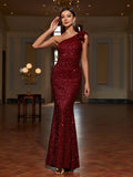 Long One Shoulder Sequin Bodycon Dress - Elegant Sleeveless Mermaid Hem, Contrast Sequin, Micro Elasticity, Hand Wash, Customized, Solid Color, All-Season Party & Banquet Dress for Women
