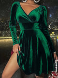 Women's Solid Velvet Surplice Neck Long Sleeve Dress, Casual Cinched Waist Fashion Clothing for Ladies
