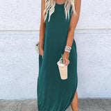 Zjkrl  -  Womens Fashionable Crew Neck Asymmetrical Maxi Dress - Sleeveless & Split Design, Effortlessly Chic for Summer Beach Vacations - A Must-Have Womens Clothing Staple