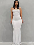 Elegant Solid Color Spaghetti Strap Maxi Mermaid Dress - Soft Micro Elastic Polyester Fabric, Scoop Neck, Bodycon Silhouette, Machine Washable - Comfortable Womens Loungewear for All Seasons