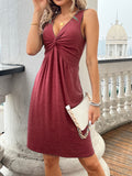 Zjkrl  -  Vibrant Solid Color Twist Front Knit Dress - Elegant V-Neck Sleeveless Polyester Dress for Women - Customized Summer Fashion with Micro Elasticity and No Printing